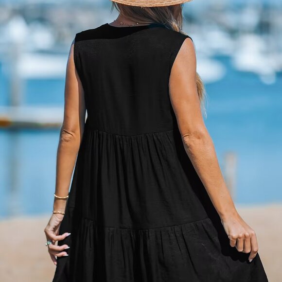 Cupshe Black Sleeveless Ruffle Hem Mini Dress Size L | NWT | V-Neck A-Line - Picture 2 of 3